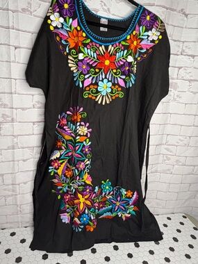 Handmade Floral Embroidered Mexican Dress Cotton Boho Tunic Waist Tie Size XL